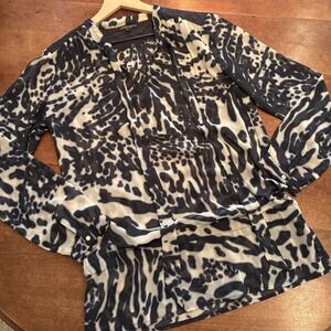 Albert Makali Women Blouse Blue Animal Print Chiffon Medium Banded Waist Sheer